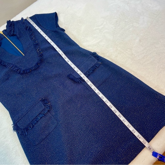 Sail to Sable Navy Blue Gold Metallic Tweed Fringe Tunic Shift Dress Size 10 - Picture 14 of 14